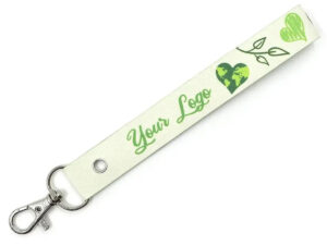 Custom short lanyard made of washable paper with metal ring and sublimation print. AMGS Group.