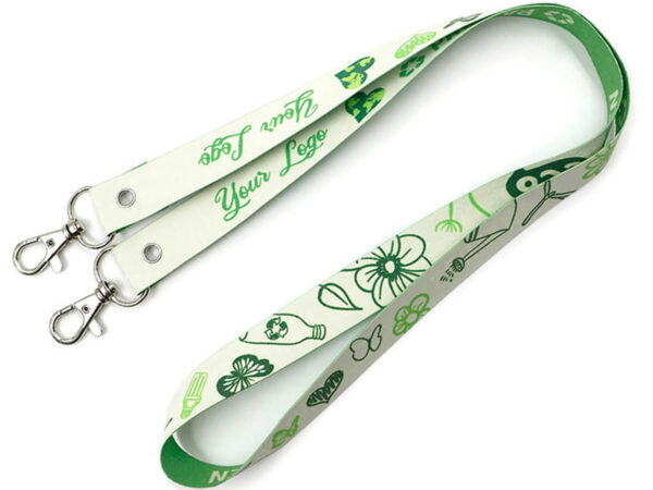 Paper Lanyard With Double Hooks. Moisture-resistant eco paper lanyard with two carabiners and custom sublimation print. Available at AMGS Group.