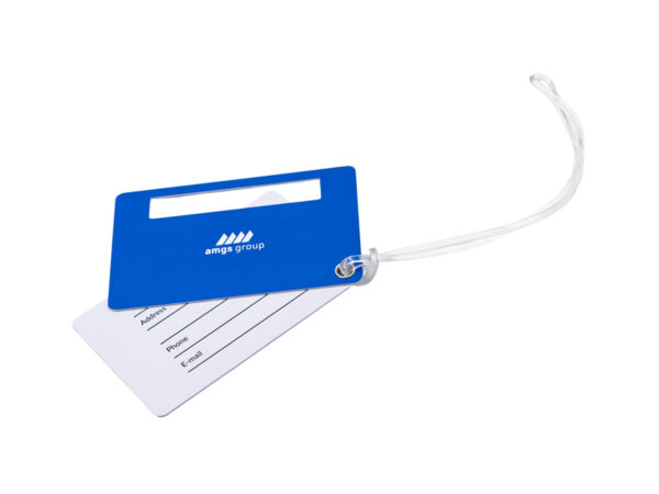 Blue luggage tag with white AMGS Group logo. Bag ID with address slot and transparent strap. B2B promotional item. Manufacturer AMGS Group.