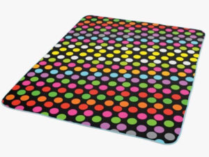 Colorful fleece blanket with sublimation printing. Featuring colorful polka dots, this blanket is warm and durable. One side is fully customizable. AMGS Group.
