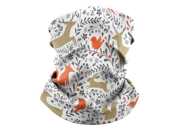 Polyester neck gaiter with full-surface print for advertising campaigns.