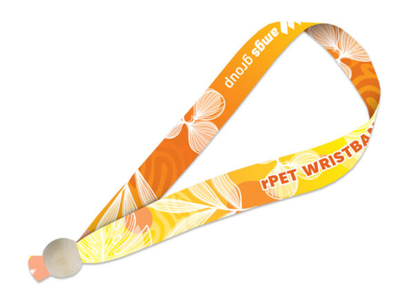 Colorful orange rPET wristband with custom print and bead lock – eco-friendly branding accessory.