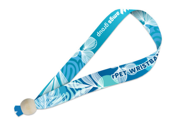 Blue personalized rPET wristband with AMGS Group logo – ideal for green festivals and events. AMGS Group.