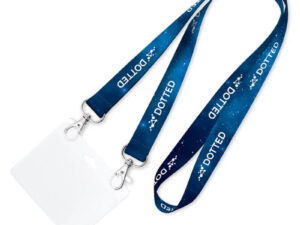 Lanyard with a galactic sublimation pattern, featuring two hooks and a transparent ID holder.