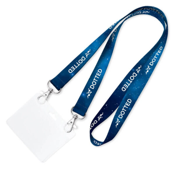 Lanyard with a galactic sublimation pattern, featuring two hooks and a transparent ID holder.