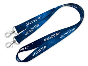 General view of the lanyard with a galactic sublimation pattern and two hooks. Available at AMGS Group.
