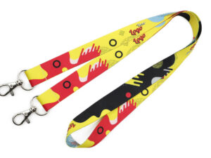 Patterned polyester lanyard with double carabiners for added stability – prevents ID badges from rotating. Available from AMGS Group.