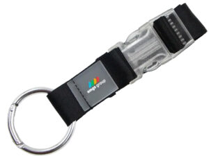 Branded Jacket Holder with clip buckle. Black mounting lanyard with connector, made of durable polyester, featuring a transparent buckle and metal shackle. An excellent promotional gadget with the option for sublimation printing. Available at AMGS Group.