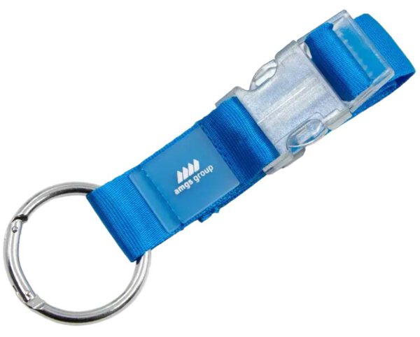 Blue-branded keychain with clear clip buckle and round metal ring. Personalization available with sublimation technology at AMGS Group