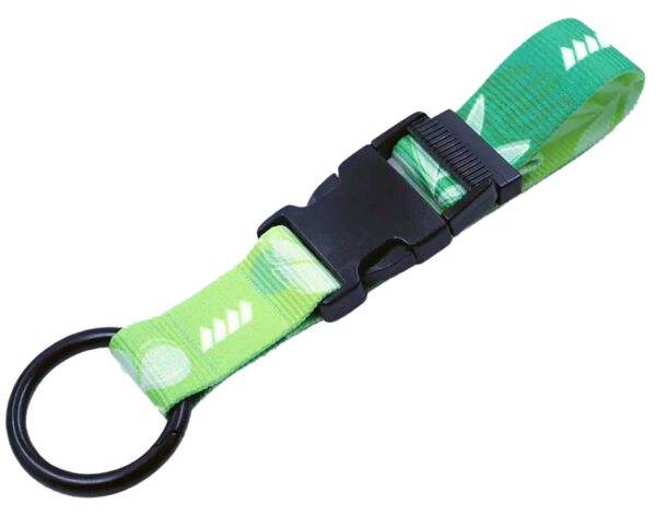 Green branded keychain with black clip buckle and metal ring. Available at AMGS Group.