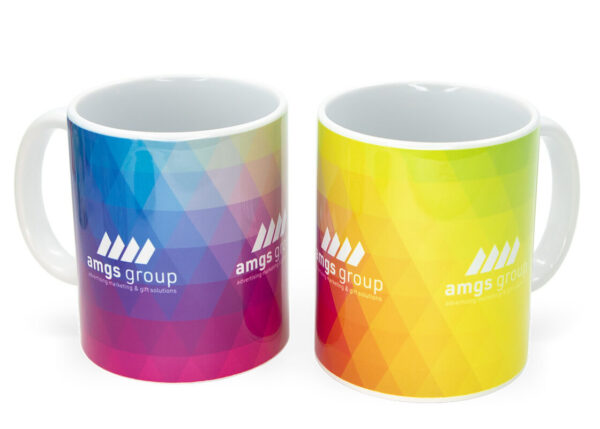 Branded ceramic mug with sublimation logo from AMGS Group in multicolor gradient patterns.