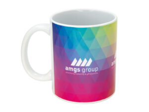 Ceramic mug with full-color sublimation print and AMGS Group logo in rainbow design.