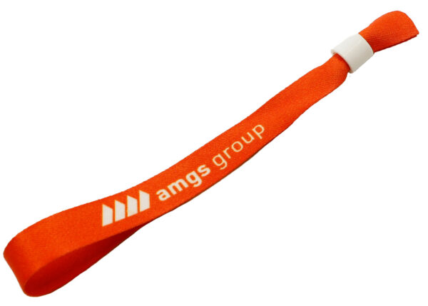 Custom fabric wristbands. Bright orange polyester wristband with AMGS Group logo and plastic slide lock for branded access control.