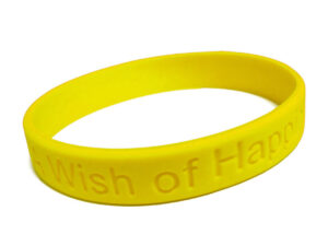 Custom AMGS Group silicone wristbands in Pantone yellow and beige with screen-printed logo.