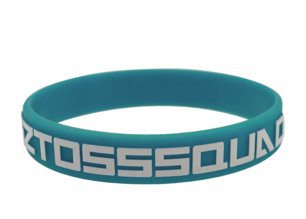 Teal-colored silicone bracelet with raised white logo for promotional use