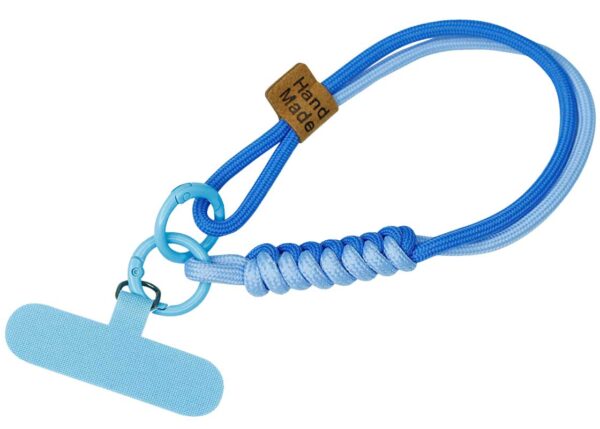 Short braided paracord lanyard with a metal rings and a personalized phone holder featuring the company logo. Color available from the Pantone palette (blue). Available at AMGS Group.
