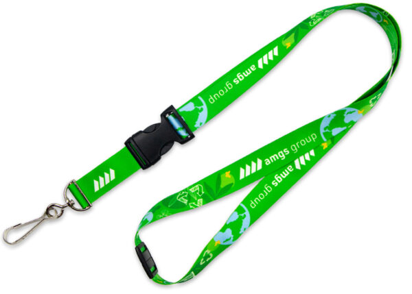 Green seamless rPET lanyard with sublimation printing and safety breakaway, perfect for promoting a brand. From AMGS Group.