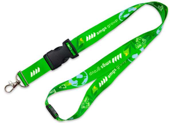Green seamless rPET lanyard with sublimation print and safety breakaway from AMGS Group.