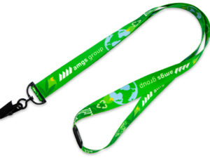 Green promotional seamless rPET lanyard with breakaway for safety, perfect for different workplace settings.
