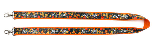 General view of the embroidered lanyard with two hooks and sublimation print in autumn colors. Available exclusively at AMGS Group.