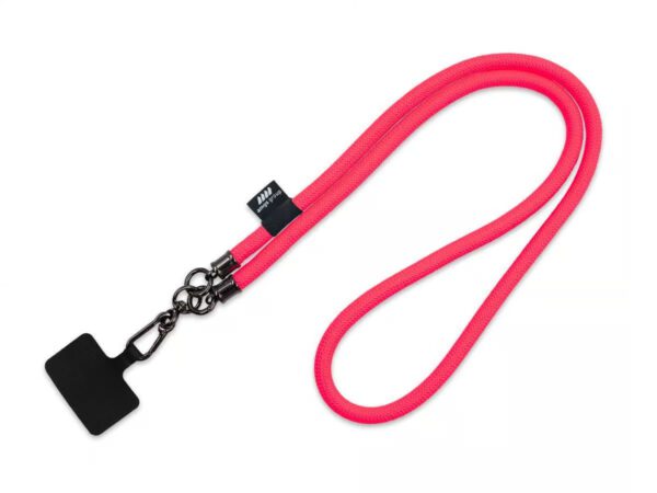 Pink long tubular lanyard with logo. 60 cm long with phone adapter. Available at AMGS Group.