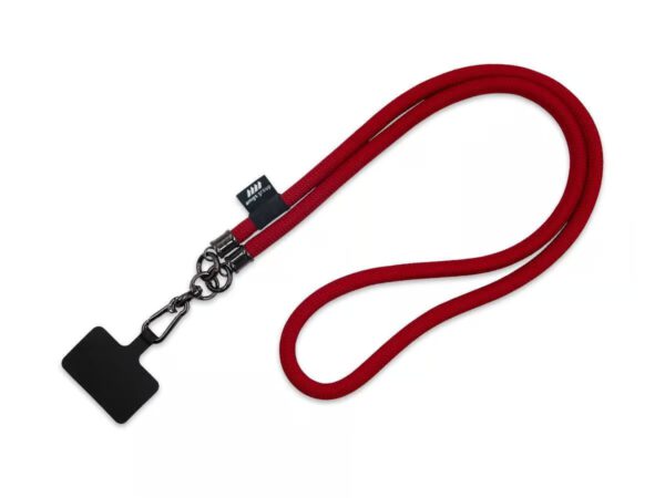 Red tubular lanyard, 60 cm long, with phone adapter and screen printing option. Available at AMGS Group.