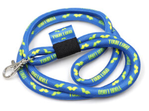 Blue cord-style polyester lanyard with sublimation print from AMGS Group. The lanyard is a great promotional item.
