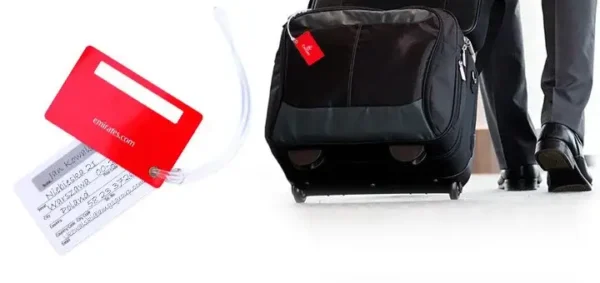 Personalized PVC luggage tag for travel - printed luggage ID label with strap.