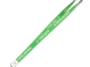 Oeko-Tex sustainable green lanyard made of waterproof paper (washpaper), equipped with a breakaway safety clasp. Available with single- or double-sided sublimation print. Offered by AMGS Group.