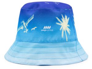 Beach-inspired bucket hat with bold colors and personalized logo—ideal for summer events.