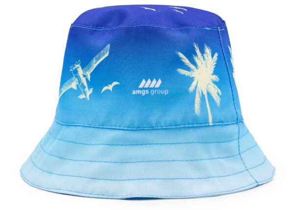 Beach-inspired bucket hat with bold colors and personalized logo—ideal for summer events.