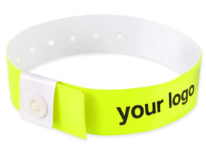 Neon yellow vinyl wristband with black "your logo" custom print. Example of personalized entry bands for conferences and events. Manufacturer AMGS Group.