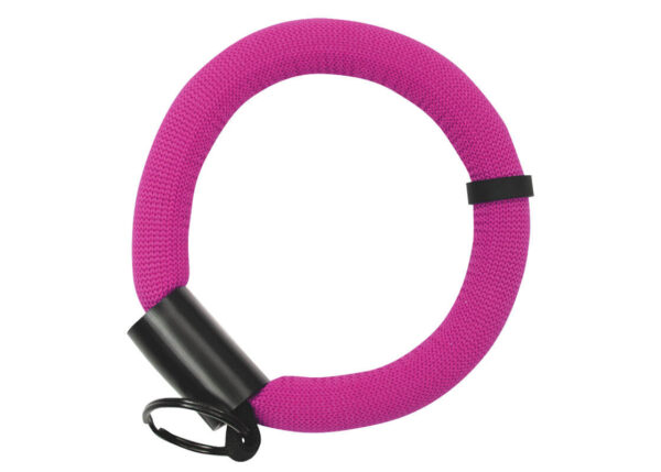 Short floating wrist strap with logo for keys, featuring a print area. Pink color with metal clasp. Available at AMGS Group.