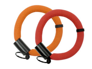 Two foam wrist straps – one in red, the other in orange. Short floating strap with logo. Worn on the wrist. Personalized. Available at AMGS Group.