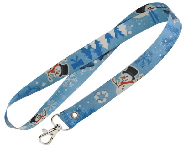 Blue waterproof paper lanyard with single- or double-sided sublimation print in a winter design. Features a single carabiner. A sustainable lanyard with logo, available at AMGS Group.