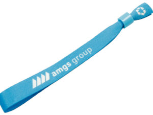 Recycled Fabric Wristbands. Blue personalized rPET wristband with AMGS Group logo - ideal for green festivals and events. AMGS Group.