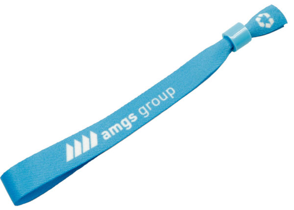 Recycled Fabric Wristbands. Blue personalized rPET wristband with AMGS Group logo - ideal for green festivals and events. AMGS Group.