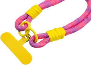 Personalized braided paracord lanyard with phone holder. Adjustable lanyard. Yellow phone adapter. Close-up of knots and fastenings. Available at AMGS Group.