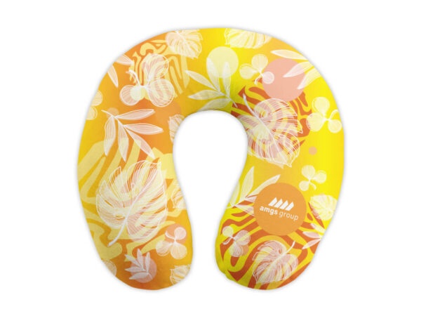 Promotional neck pillow with full-color print for giveaways and business travel in sunny colors.
