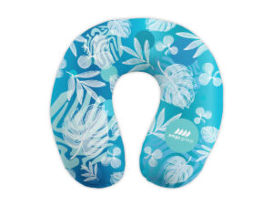 Branded U-shaped travel pillow with logo for airlines and travel agencies.