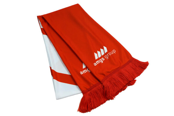 Red sports scarf by AMGS Group with vivid colour, clear logo and soft tassels.
