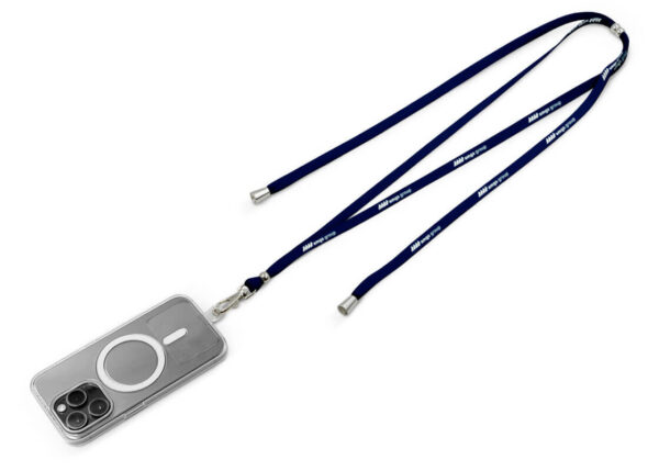 Sublimated Adjustable Long Phone Lanyard. Grey promotional lanyard with phone adapter. AMGS Group.