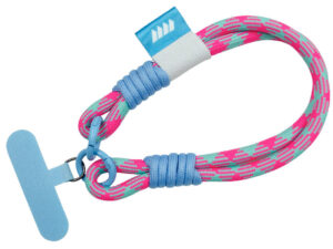 Personalized Paracord Lanyard with Phone Holder. Adjustable lanyard in pink tones with a blue phone adapter. Includes a rubber tag with the company logo. Available at AMGS Group.