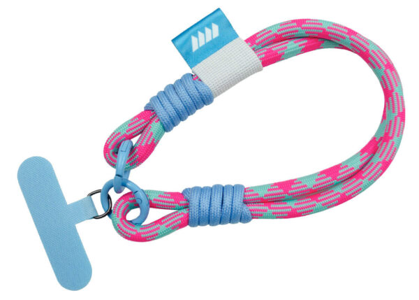 Personalized Paracord Lanyard with Phone Holder. Adjustable lanyard in pink tones with a blue phone adapter. Includes a rubber tag with the company logo. Available at AMGS Group.