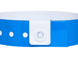 Smooth blue vinyl wristband, 19mm wide with a secure snap closure. Identification band for hotel guests and VIPs. Manufacturer AMGS Group.