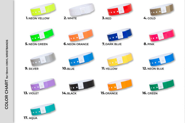 Color chart for 19mm vinyl wristbands. Display of 17 available color options for B2B identification bands. Manufacturer AMGS Group.