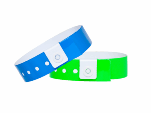 Custom Vinyl Wristband with Logo. Blue and green vinyl wristbands with a secure white plastic snap. Durable wrist identifiers for events and hotels. Manufacturer AMGS Group.