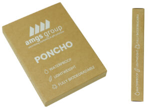 Eco-friendly cardboard packaging for a biodegradable rain poncho with promotional print from AMGS Group – waterproof, lightweight, and fully compostable. Ideal as a sustainable promotional item for environmentally conscious campaigns.