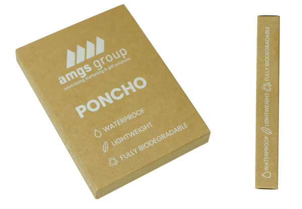 Eco-friendly cardboard packaging for a biodegradable rain poncho with promotional print from AMGS Group – waterproof, lightweight, and fully compostable. Ideal as a sustainable promotional item for environmentally conscious campaigns.