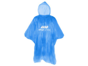 Biodegradable blue printed poncho in a personalized box from AMGS Group.